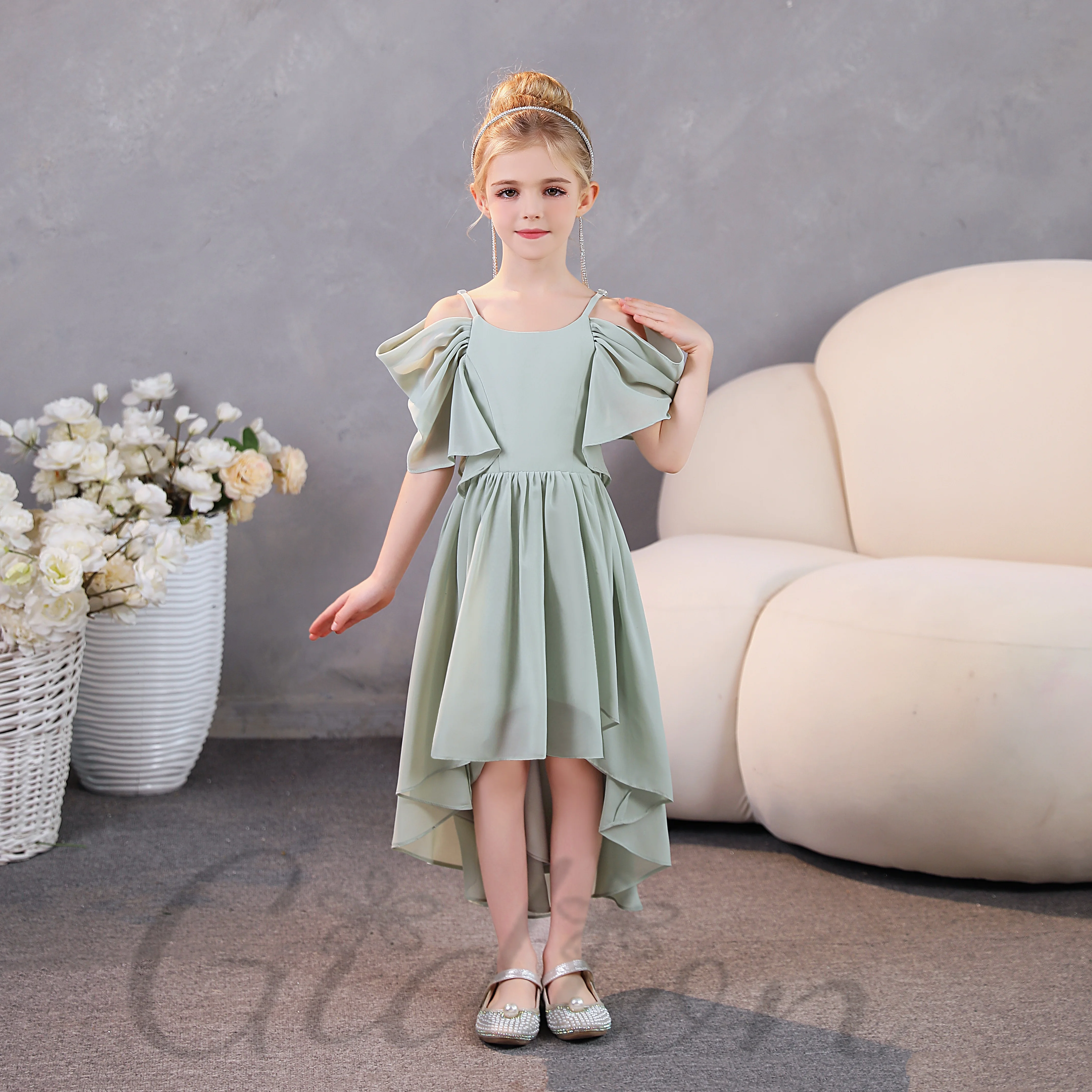 Vestido de dama de honor de gasa asimétrica para niños, vestido para CELEBRACIÓN DE festividad, boda, fiesta de cumpleaños, espectáculo, banquete, evento de desfile