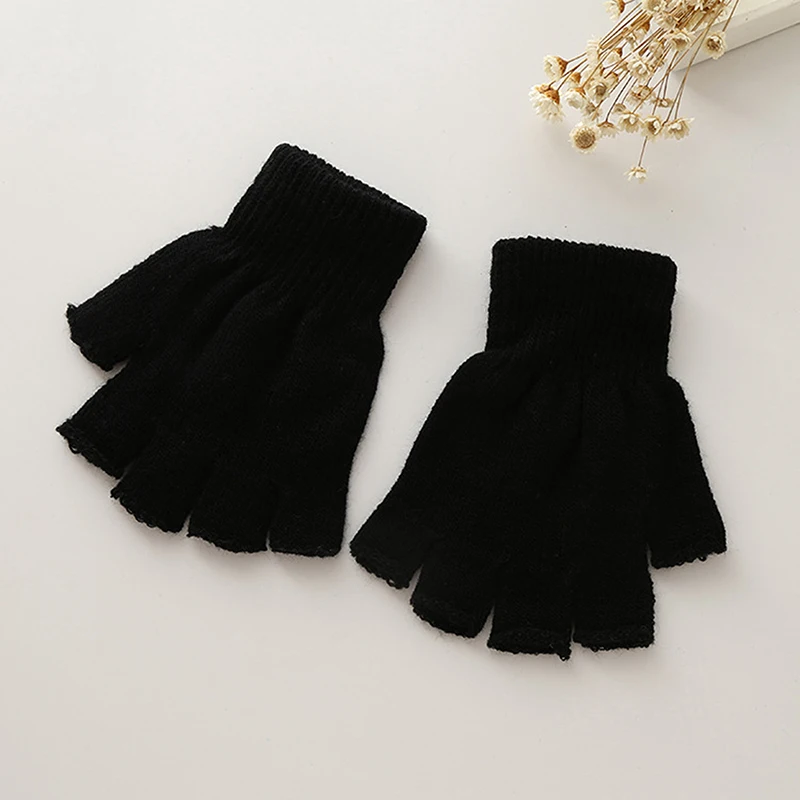 Unisex Knitted Stretch Gloves Winter Warm Half Finger Mittens Women Men Fingerless Gloves Solid Color Outdoor Cold Proof Gloves
