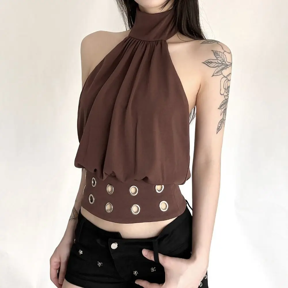 Hollow Out Design Halter Tank Top Metal Rings Detail High Neck Style Off Shoulder Top Summer Fabric Sexy Cut Out Hollow Out Top