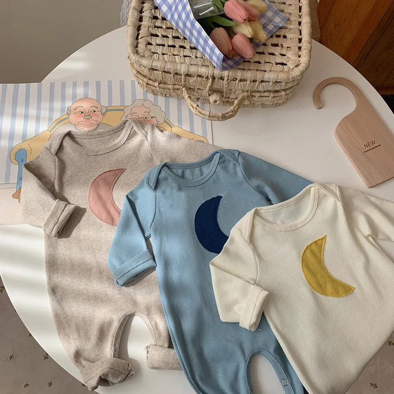 

2024 Spring Summer Infant Boy Romper Cotton Moon Patchwork Pullover Newborn Boy Bodysuit Solid Full Sleeve Toddler Boy Jumpsuits