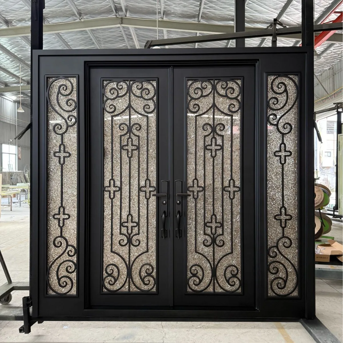Customized European-style wrought iron entrance door, courtyard wrought iron glass door, wrought iron arched forged