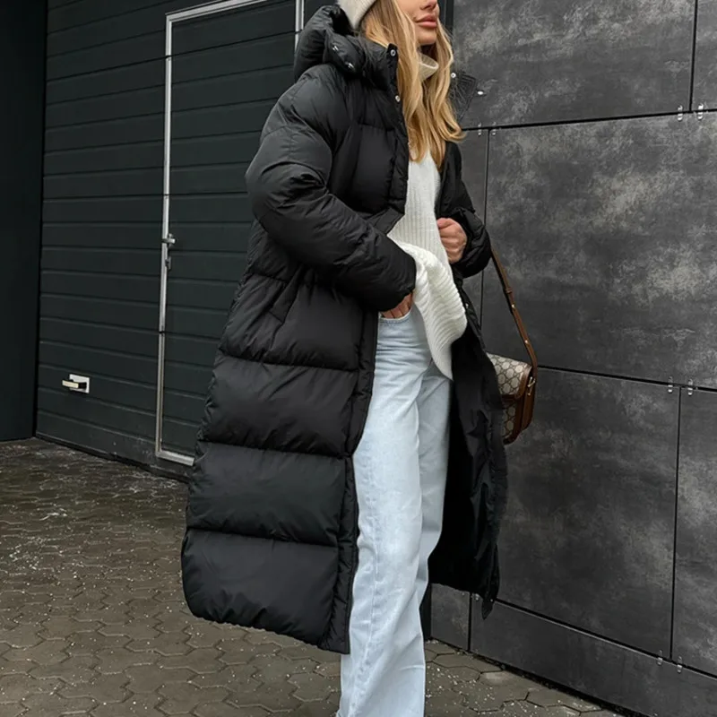 HKSH Winter New Women Long Cotton-padded Coat Hooded Solid Color Pockets Zipper Elegant Versatile Windproof Warm Jackets HK17577