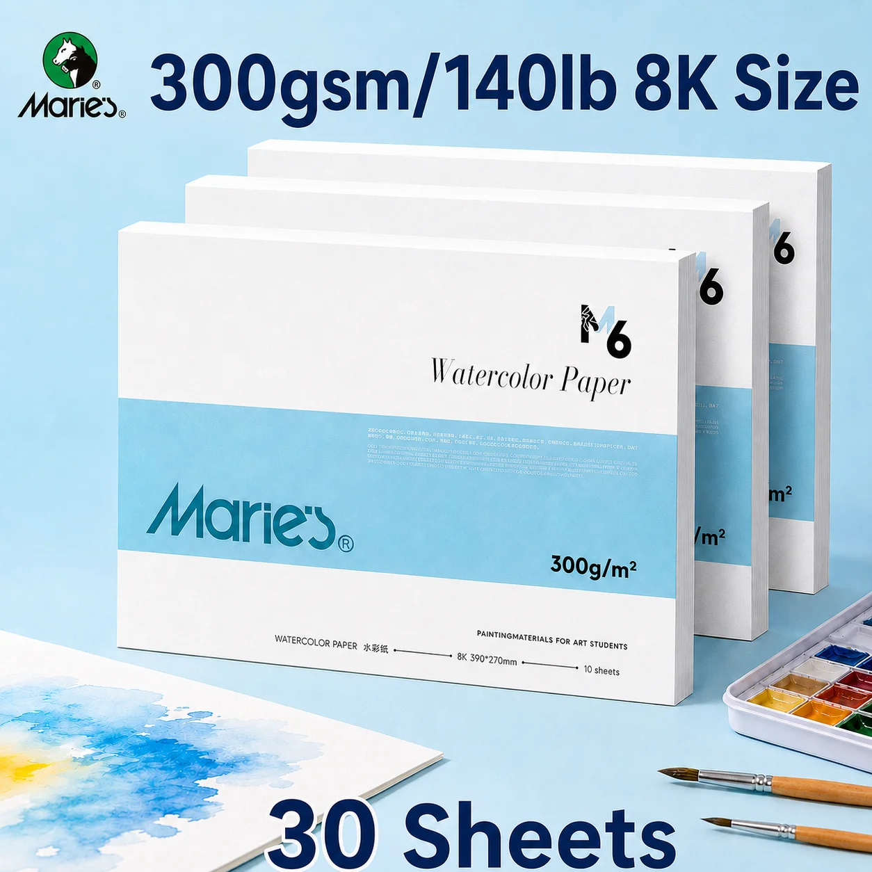 Artist Marie's 8K Watercolor Papers,300gsm/110lb 30 Sheets Heavyweight Paper for Smooth Color Blending,Calligraphy,Illustration