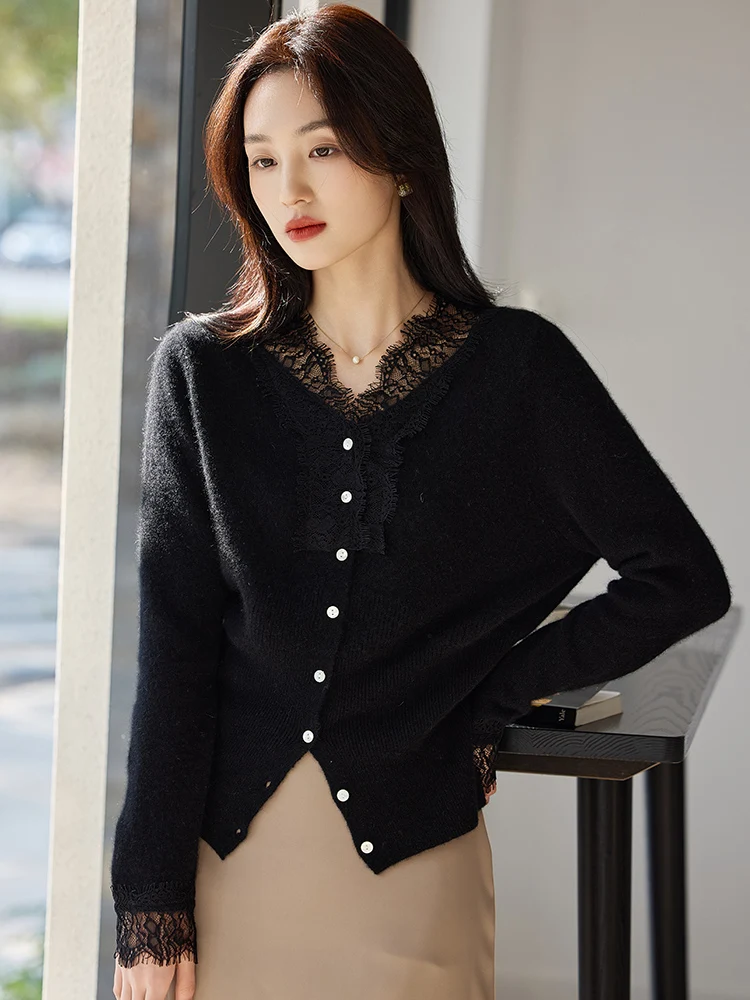 

2025 New Chic Women's V-neck Wool Cardigan Sweater Thin Soft Grace 100% Merino Wool Knitwear Female Spring Autumn Clothes Tops