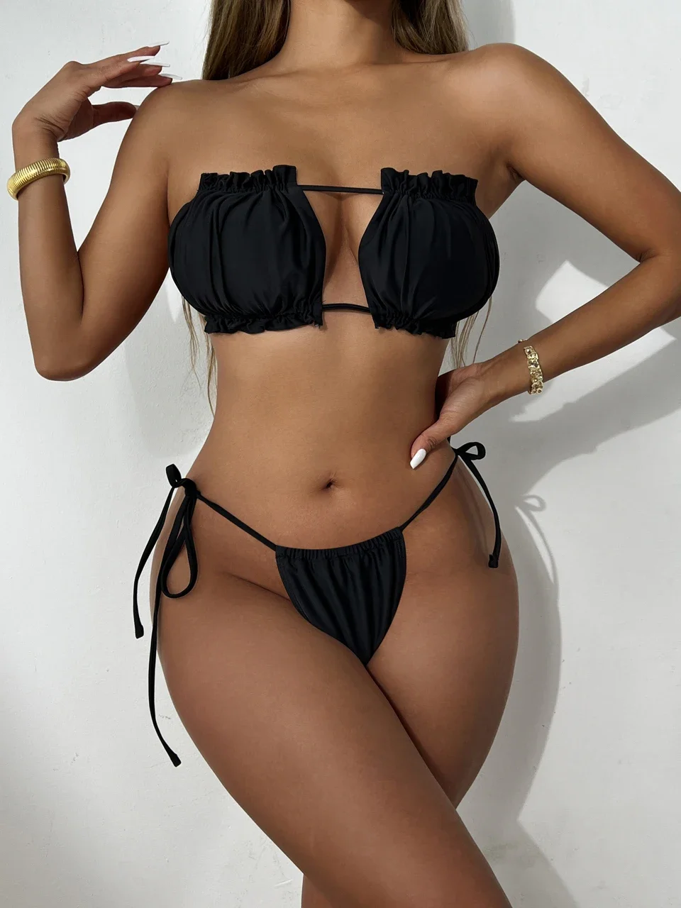 Conjunto de Bikini con Tanga y cordones para mujer, traje de baño Sexy unicolor, ropa de playa para mujer, bañadores 2024