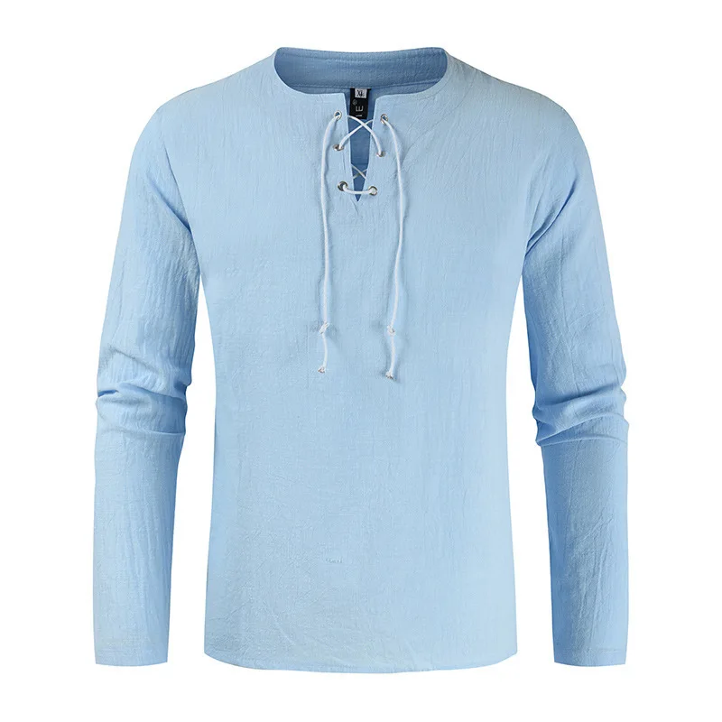 Spring and summer new cotton and linen solid color lace-up shirt blue long-sleeved men's casual men's clothing
