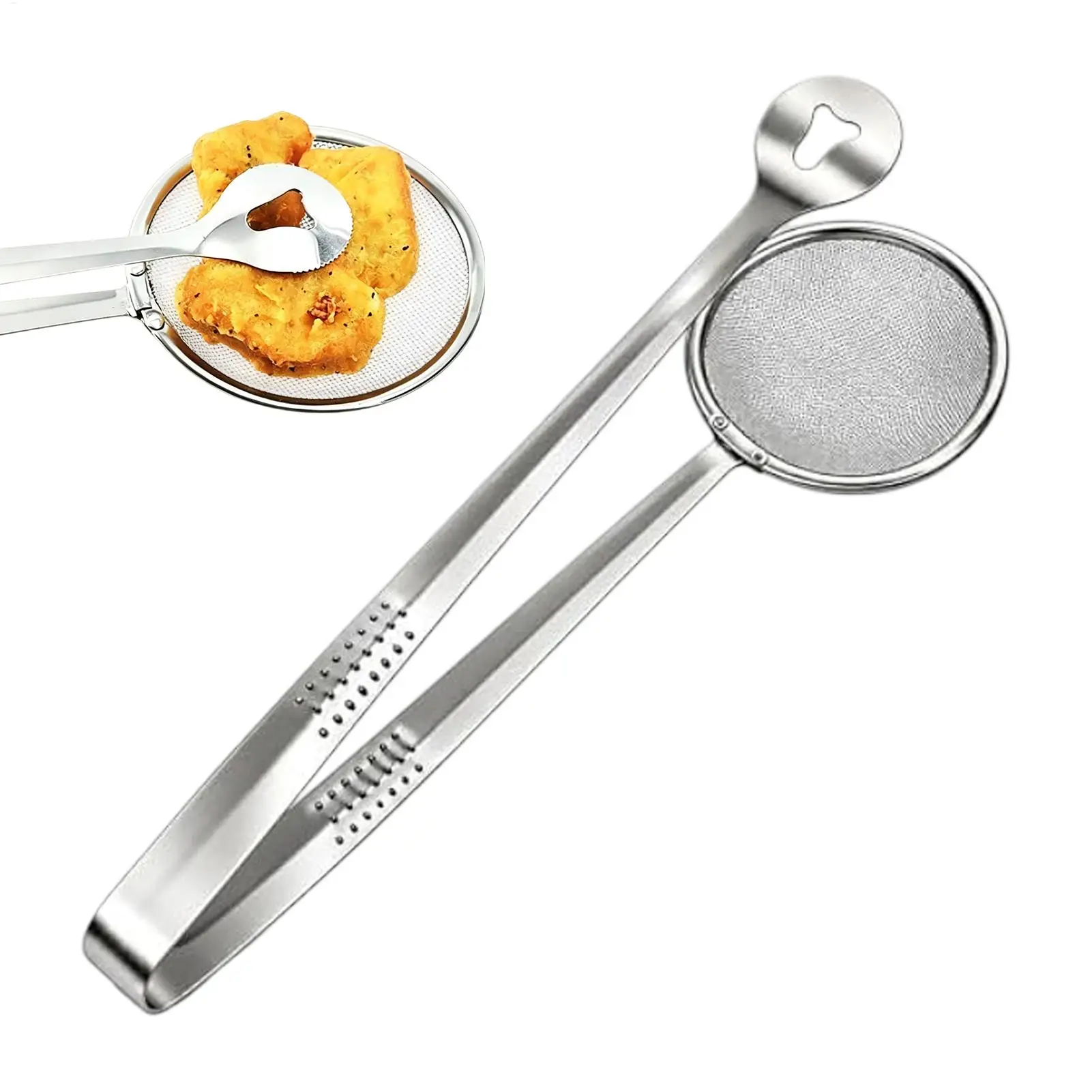 2-In-1 Stainless Steel Oil Strainer Clip Fine Mesh Oil Draining Tong Clamp Durable Frying Strainer Clip for Kitchen Home Restaur