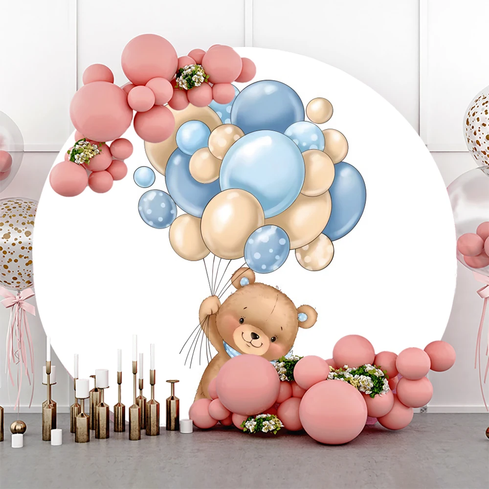 Bear Birthday Party Round Backdrop Balloon Clouds Newborn Baby Shower Customized Photo Photography Backgrounds Polyester Cover