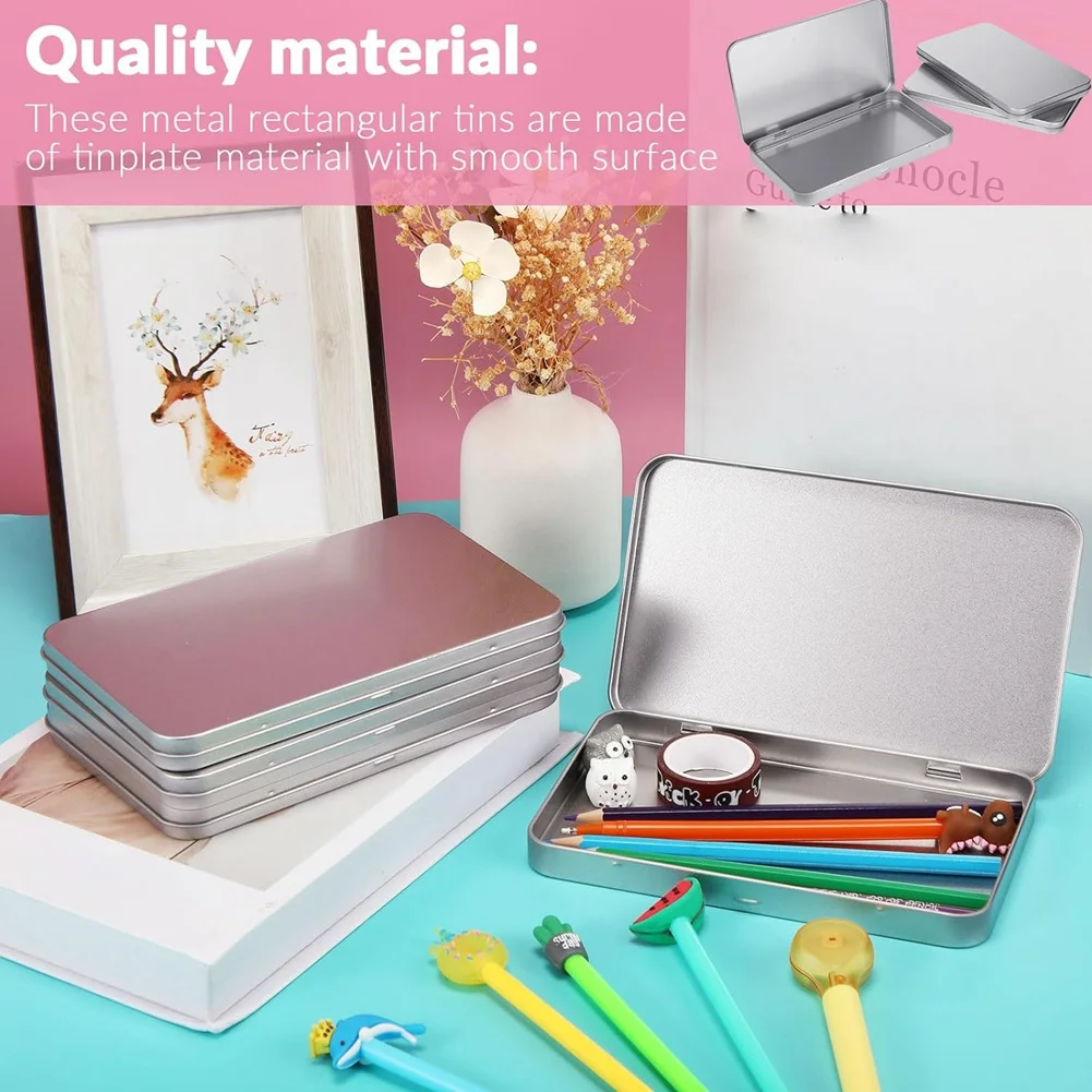 

A72P Rectangular Metal Tin Box with Lid Metal Hinged Lid Tin Metal Empty Tin Box Container Silver Storage Tin Box,10PCS