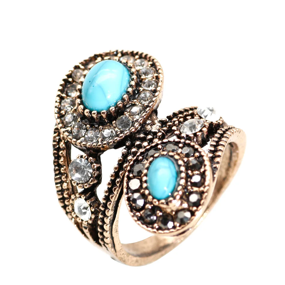 Sunspicems Vintage Artificial Turquoise Turkish Ring For Women Antique Gold Color Natural Stone Indian Bride Wedding Jewelry