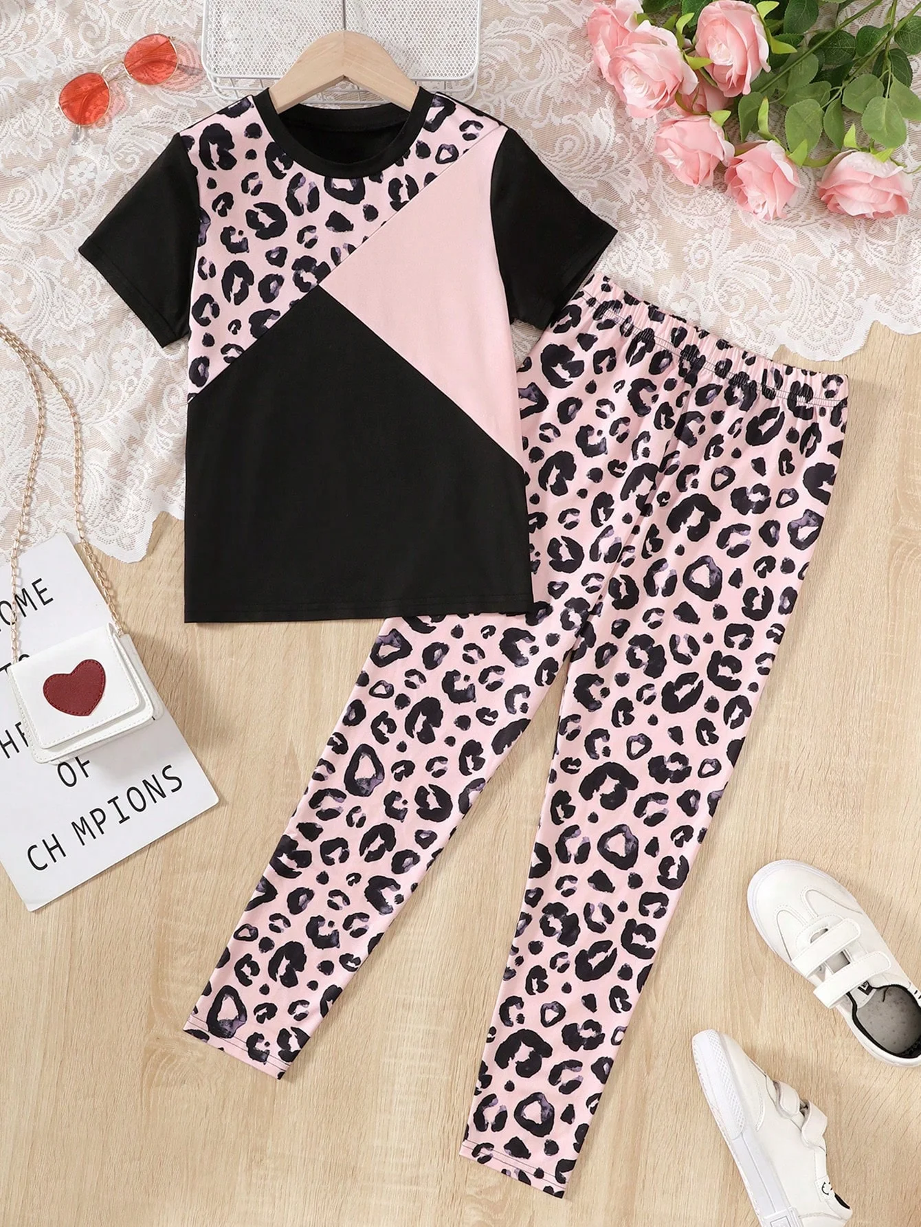 Summer 8-14 Years Old  Cool  Girls  Short  Sleeved   Leopard  Print  Sports Suit