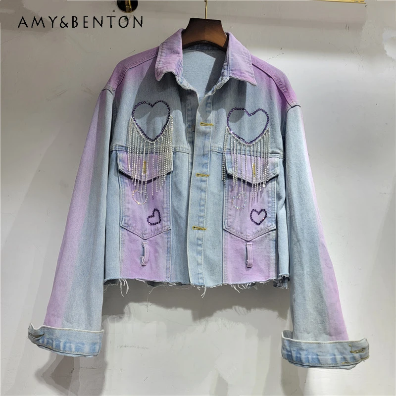 

Autumn 2024 Heavy Embroidery Diamond Drills Denim Coat Loose Profile Slimming Short Doll Collar Denim Top For Women's Clothes