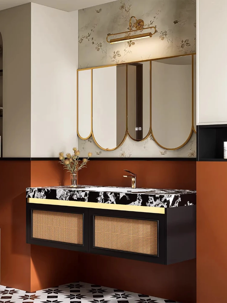 

Seamless ceramic basin medieval rattan wind rubber wood paint bathroom cabinet customization