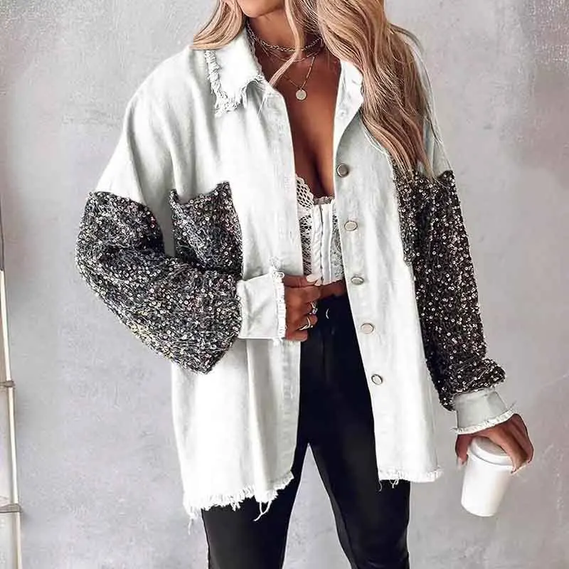 Casual Sequin-panelled Jacket Top for Women Spring Autumn 2024 New Lapel Long Sleeve Loose Jackets Fashion Single Breasted Coat