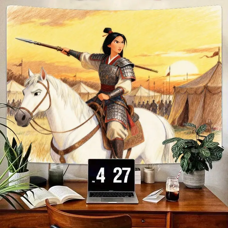 

1 шт. гобелен принцессы мулан-воина, настенное искусство «Эпическая лошадь», современный полиэстеровый декор комнаты для спальни, гостиной, общежития Gi
