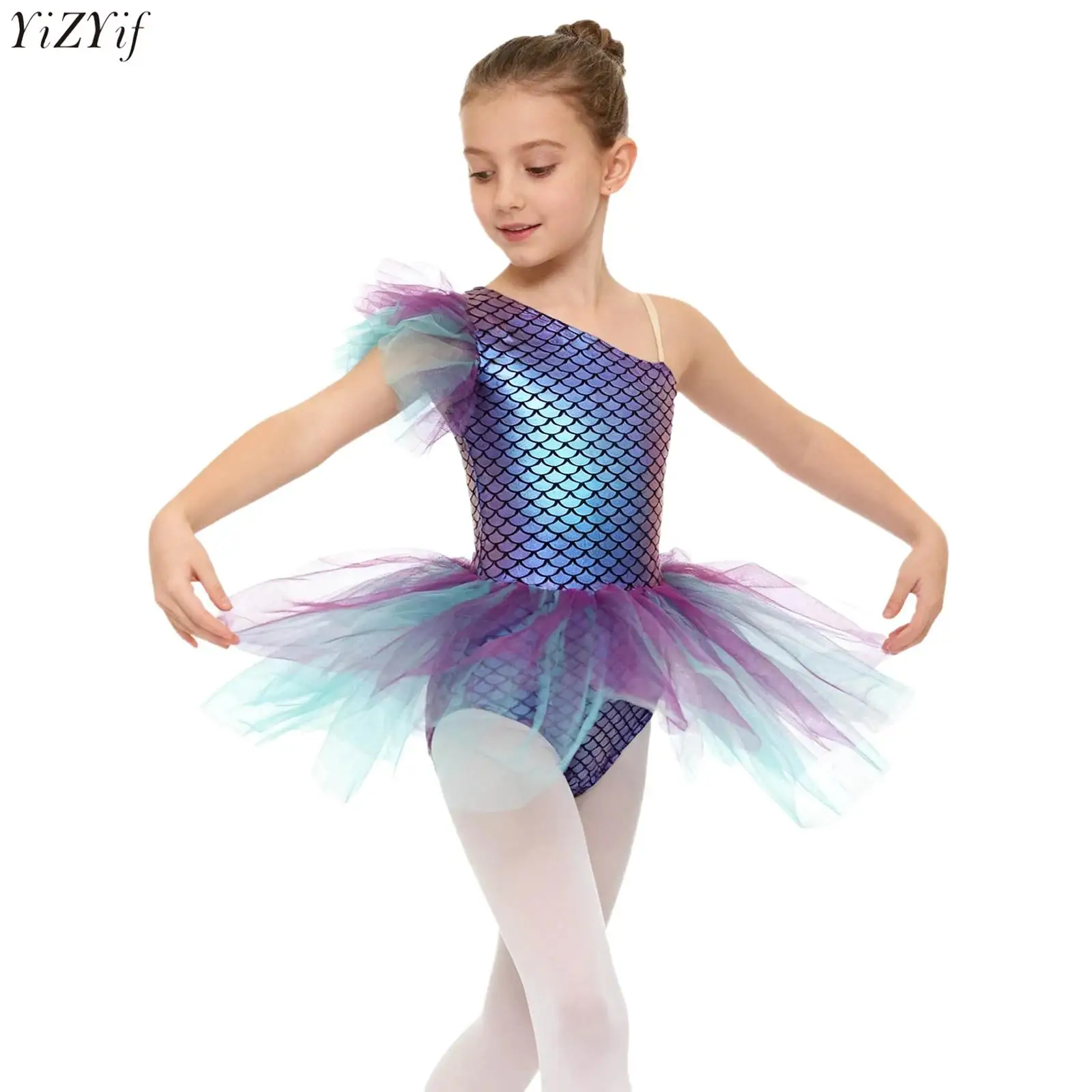 

Girls Halloween Ballerina Dress One Shoulder Sleeveless Mermaid Fish Scales Printed Tutu Dress Ballet Dance Leotard Dancewear