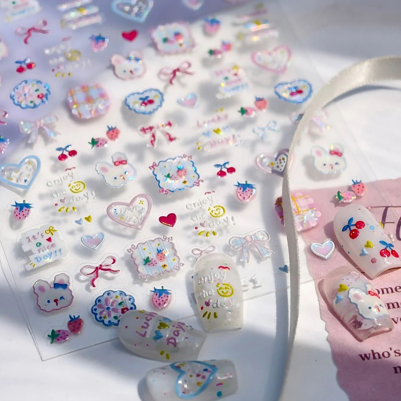 Kawaii lapin fraise lapin cerise dentelle nœud papillon ligne ceinture drôle fruits coeur auto-adhésif Nail Art autocollants manucure décalcomanies