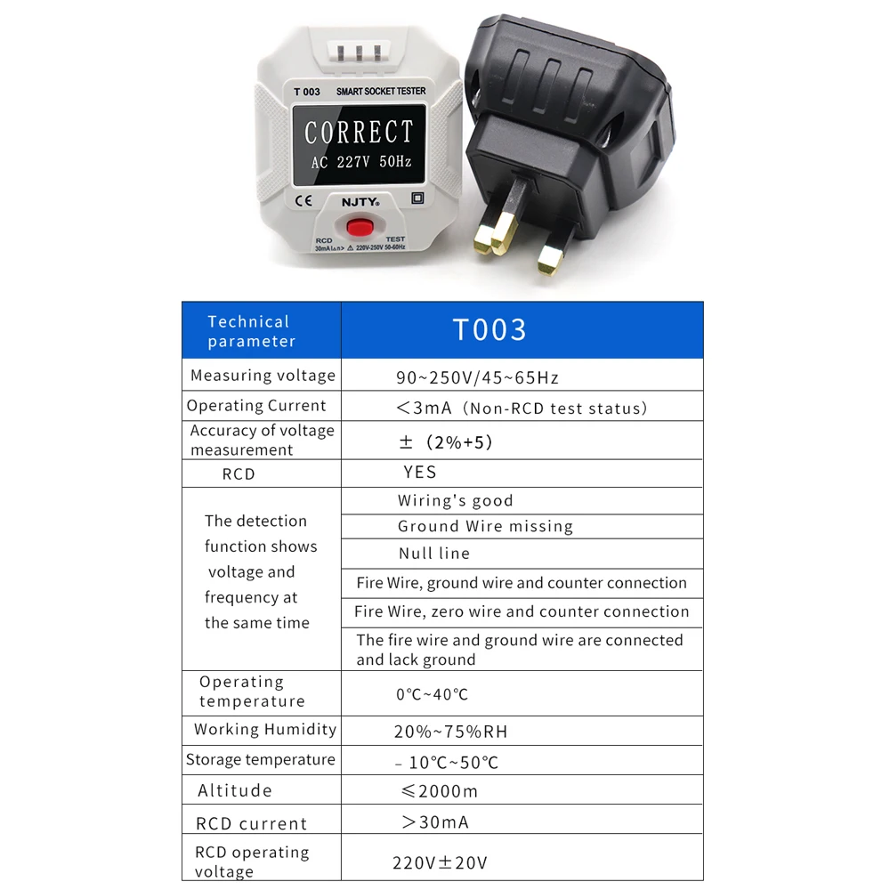 NJTY T003 Socket Tester Digital Voltage Test Socket Detector EU Plug Ground Zero Line Plug Polarity Phase Check