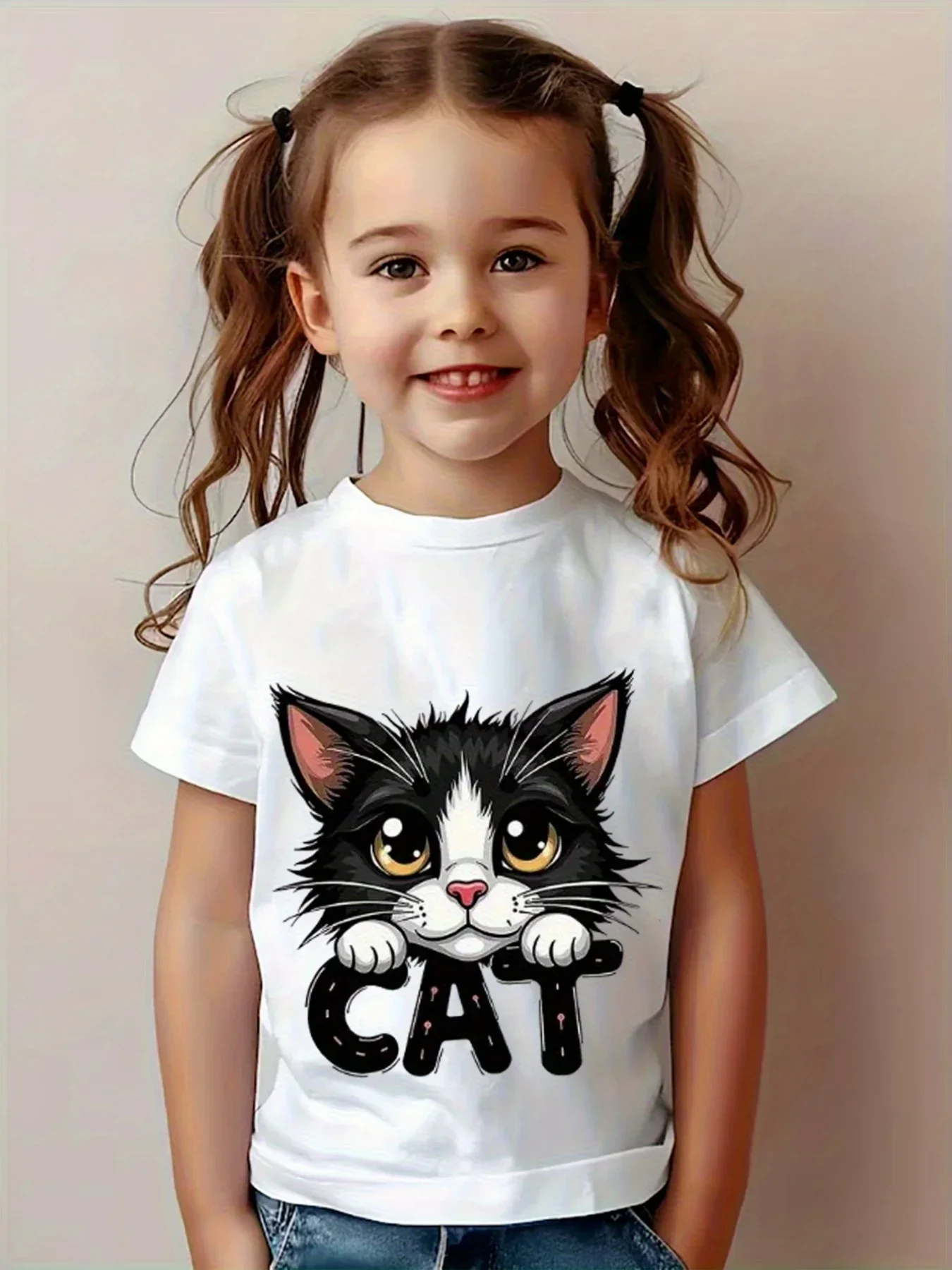 2026 Kids Clothes Summer T-Shirt Cat Printing Tops Casual Short Sleeve Tee Fashion Girl T-Shirts Crew Neck Children's Clothing