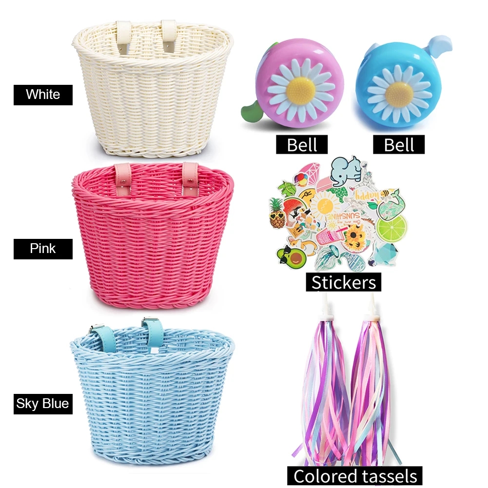 4pcs/Set Pe Rattan Wicker Bicycle Front Basket+Bell+Tassel+Sticker Bicycle Front Basket Hand Handwoven Children\'s Bicycle Basket