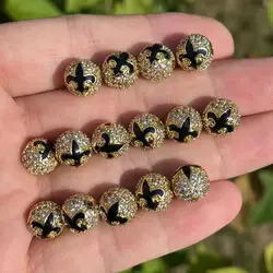 10Pcs/Lot Brass Balls 10mm Diameter Zirconia Pave Beads Fleur De Lis Saints Accessory for Jewelry Bracelets Making