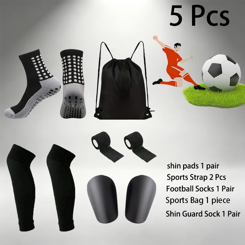 5 Stück Sport-Fußballsocken, Fitness-Socken, elastische Ärmel, Riemen, Kordelzug, Balltasche, Mini-Schienbeinschoner