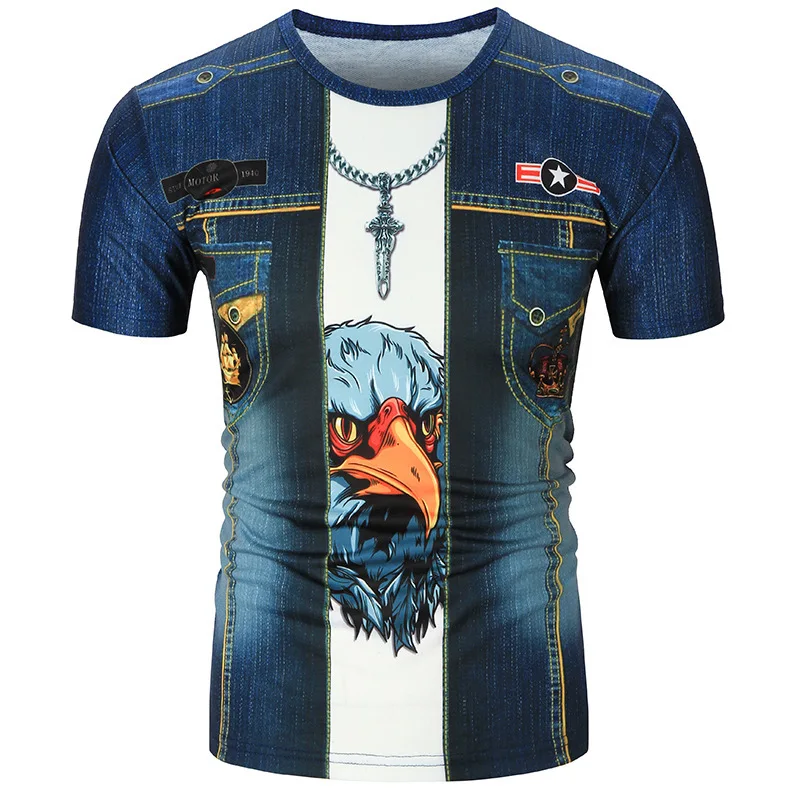 Funny Denim Eagle Head T Shirt Men Skeleton Tshirt Punk Rock Tshirt Leather Jacket T-shirts 3d Print Tshirt Vintage Men Clothing