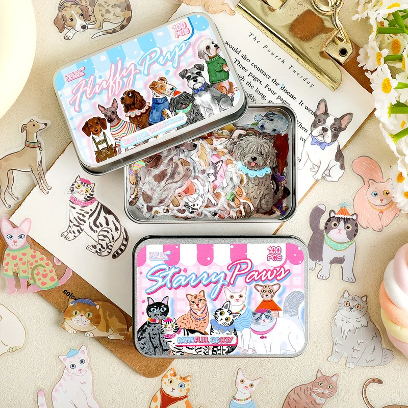 100Pcs PET Cartoon Pet Stickers Iron Box Vintage Kitten Puppy Decals Scrapbook Journal Collage Decorative Stationery