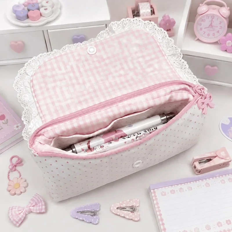 1PC Pink Plaid Lace Storage Bag with Polka Dot Bow Cute and Stylish Flip-Top Makeup Bag for Students' Storage Bag Pencil Case