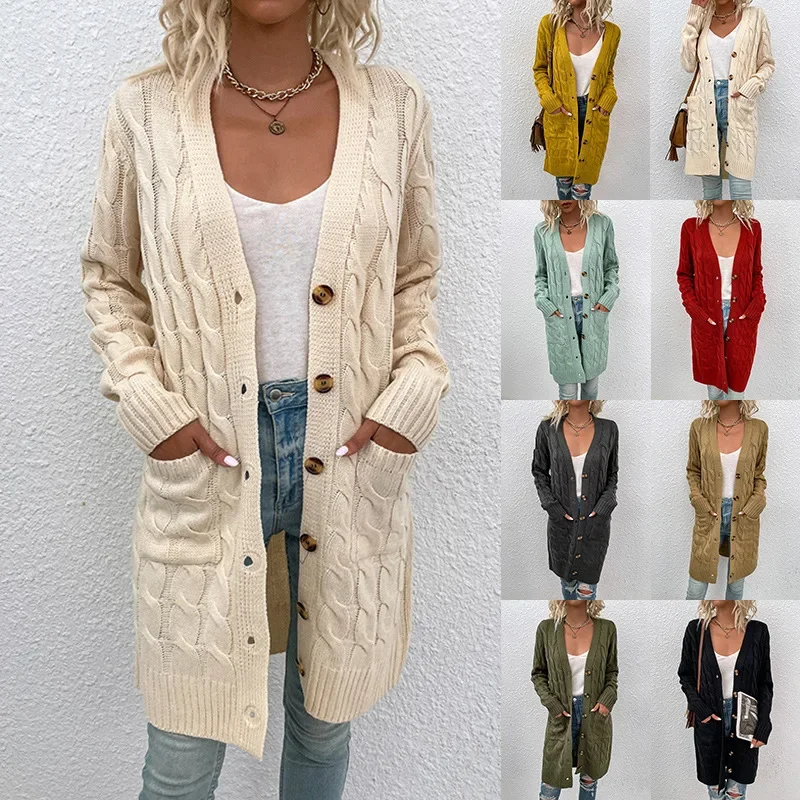 

Women's Sweater New in Autumn Winter Fashion Slim Knitwear Hemp Rope Pattern Cardigan Button Long Sleeve Big Pocket Warm Sweater
