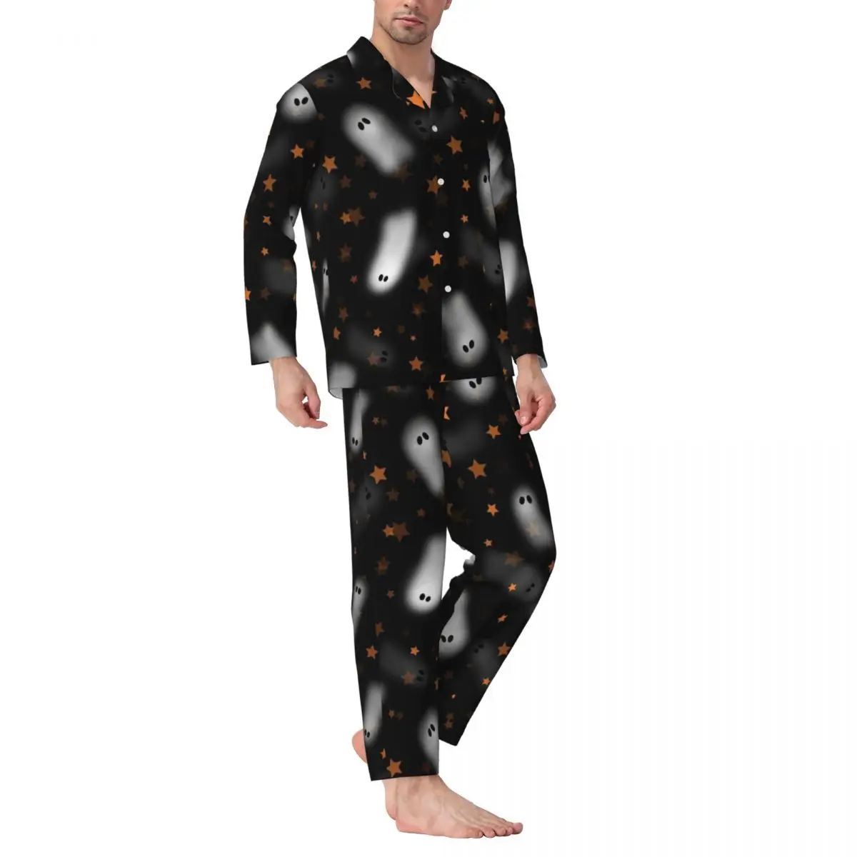 Halloween Pajamas Seamless-pattern-with-cute-white-ghosts-orange-stars-black-background Men's Winter Pajamas Set