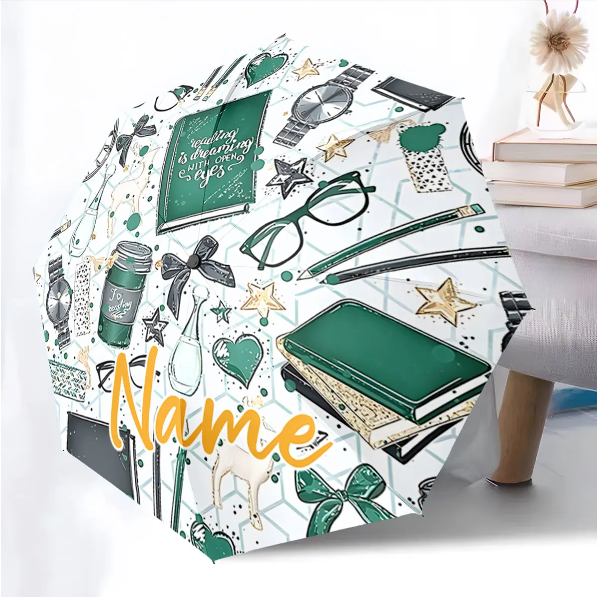 Custom Name Chic umbrella with stylish patterns and books Print 8 Iron Ribs Folding Umbrella, Auto-Open Fashion Sunshade