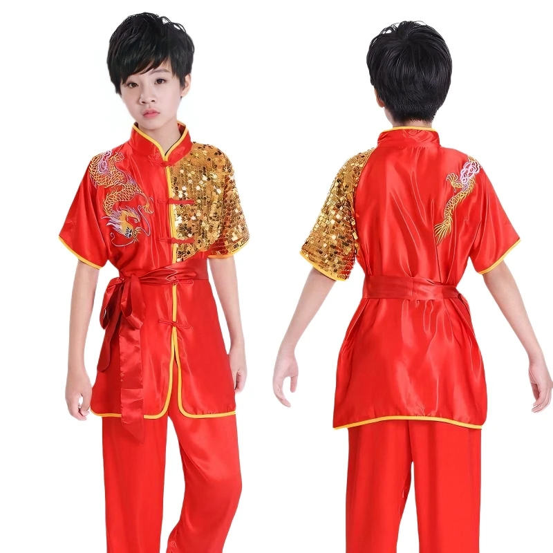 Unisex Kids Kung Fu Uniform 2-Piece Set - Short Sleeve Satin Wushu Tai Chi Costume with Dragon Embroidery, Stage & Training Wear