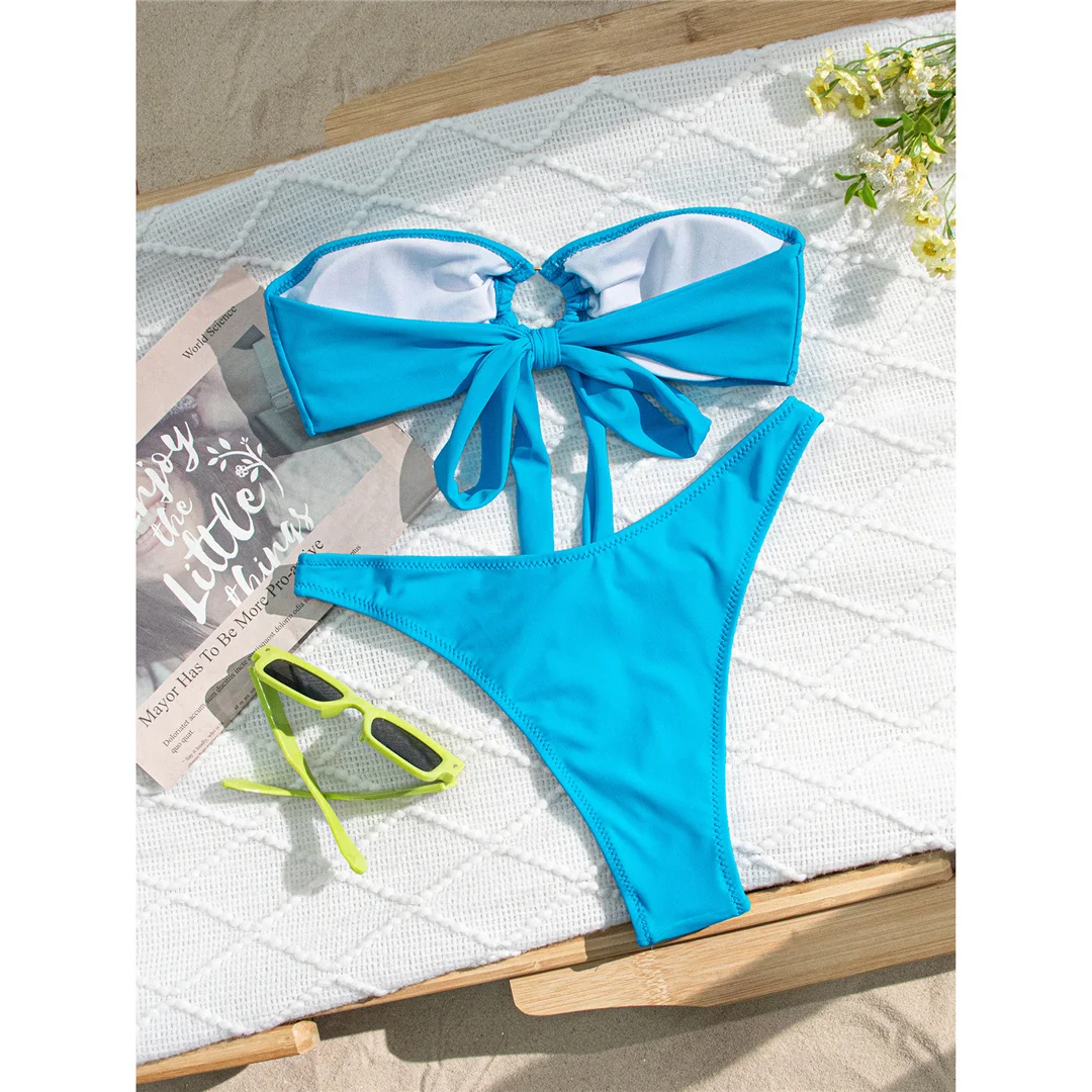 Bandeau-Bikini mit Ausschnitten, zweiteiliges Damen-Bikini-Set, Badeanzug mit hohem Beinausschnitt und Polsterung, Badebekleidung, Badeanzug, Modell V6959. – Detail 13