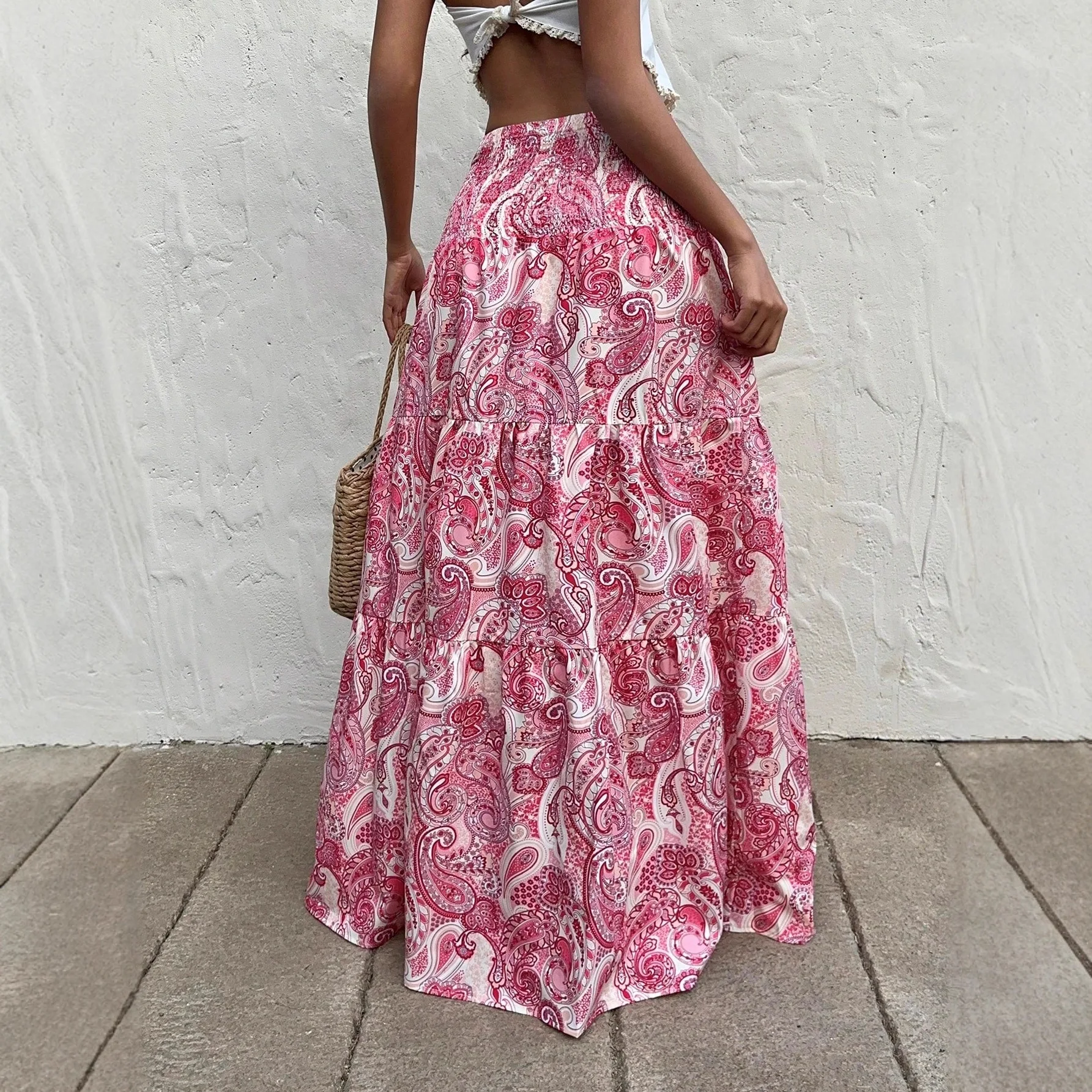 Bohemian Print A-line Skirt Women New Comfortable And Casual Beach Vacation Style Elastic Waist Skirts Lady Medium Length Skirt