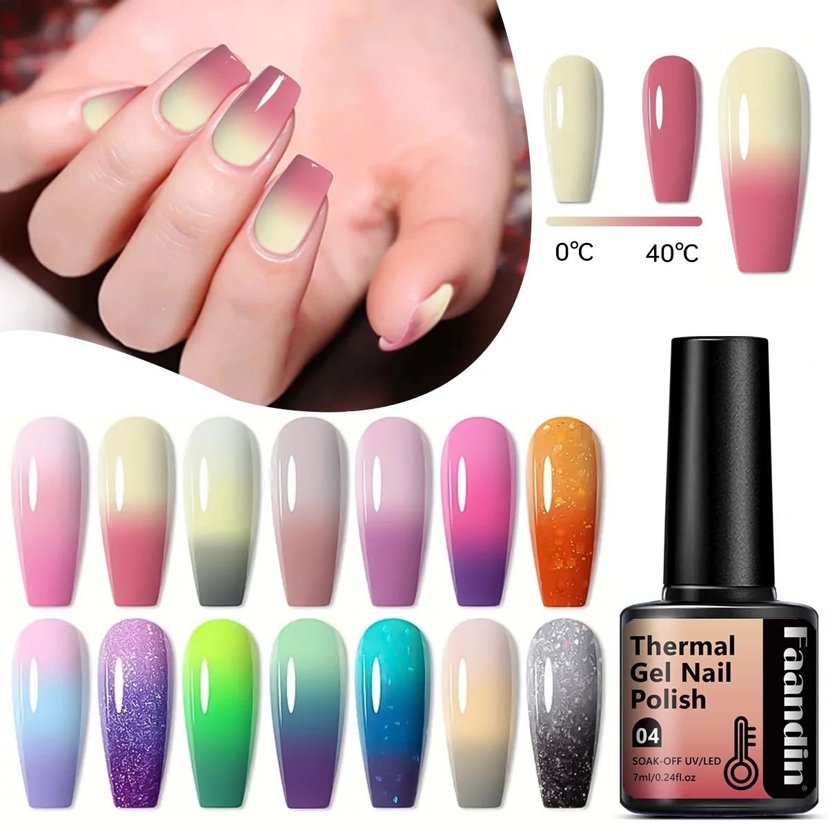 Faandin 7ml 1 Bottle, Temperature-Changing Gel Nail Polish, Amazing Color Change, Rich Color, Changes Color with Different Temperatures, a Must-Have Nail Polish for Trendy Girls, Wear-Resistant, Long-Lasting, Strong, Not Easy to Fade, Easy to Use, Can Be Done at Home, Essential Item for Proms, Art Salons, and Parties, Special Nail Polish for Wholesale Purchase in Nail Salons
