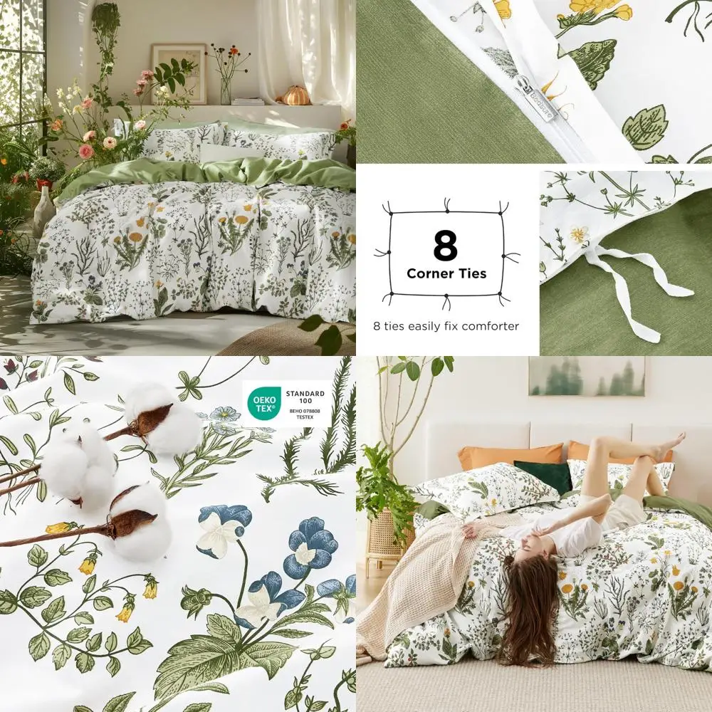 

100% Cotton Reversible Floral Duvet Cover Set King Size with Zipper Closure, Soft & Breathable, 3-Piece Bedding Ensemble