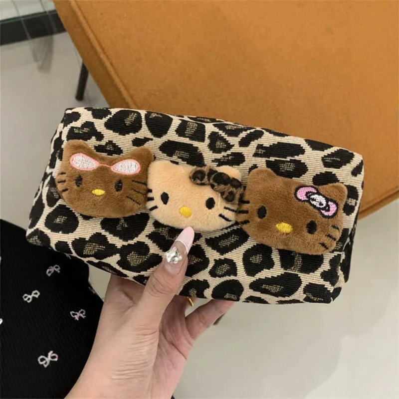 

Cute Cat Black Leopard Leather Makeup Bag Kitty Pattern Large Capacity Portable Commuter Travel Skincare Cosmetics Handbag