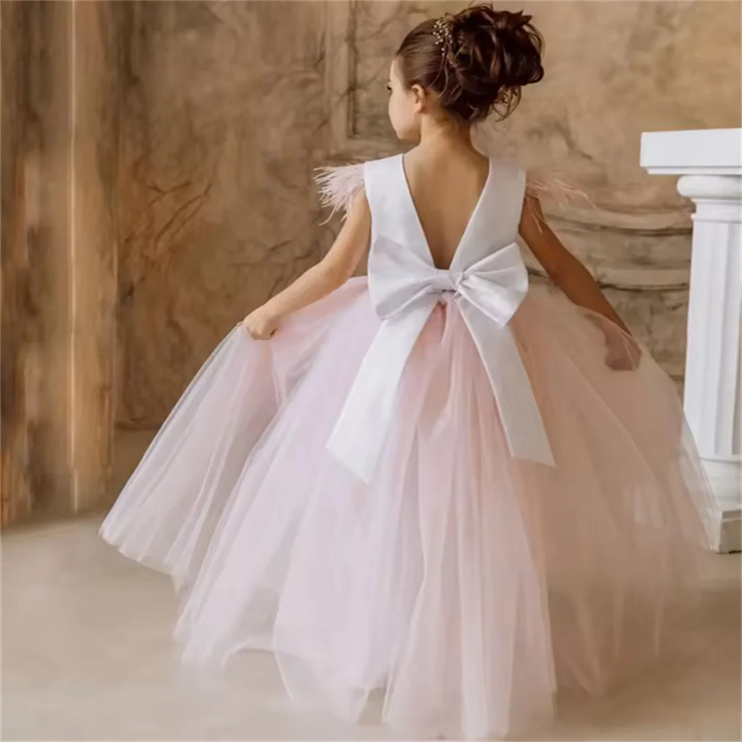 Customized Flower Girl Dresses Pink Tulle With Bow Belt Feather Sleeve For Wedding Birthday Party Banquet Holy Communion