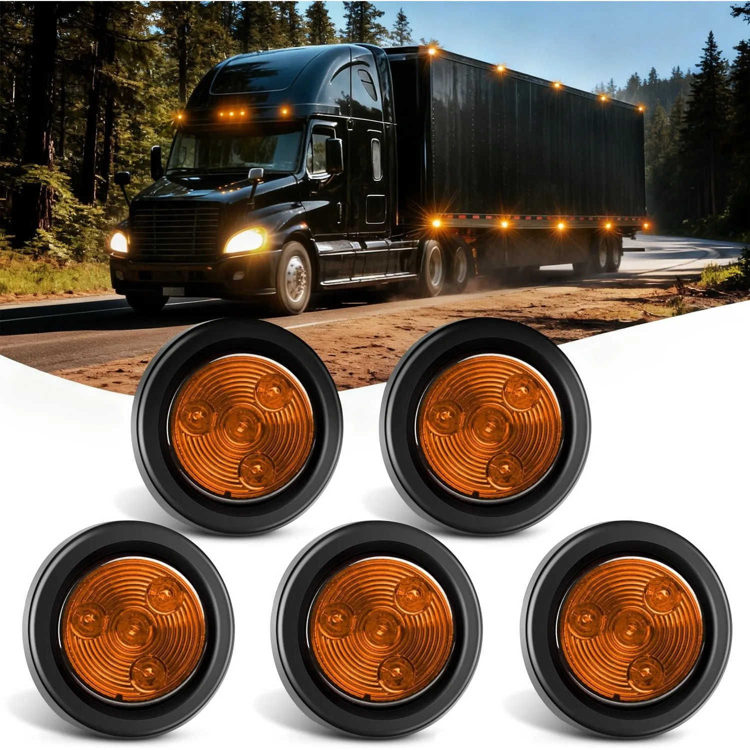 Nilight 5PCS 4 LED Amber Round Trailer Marker Lights, Flush Mount Clearance Lights with Grommet, Plug & Pigtail, Waterproof Side Marker Lights for Truck, Trailer, RV