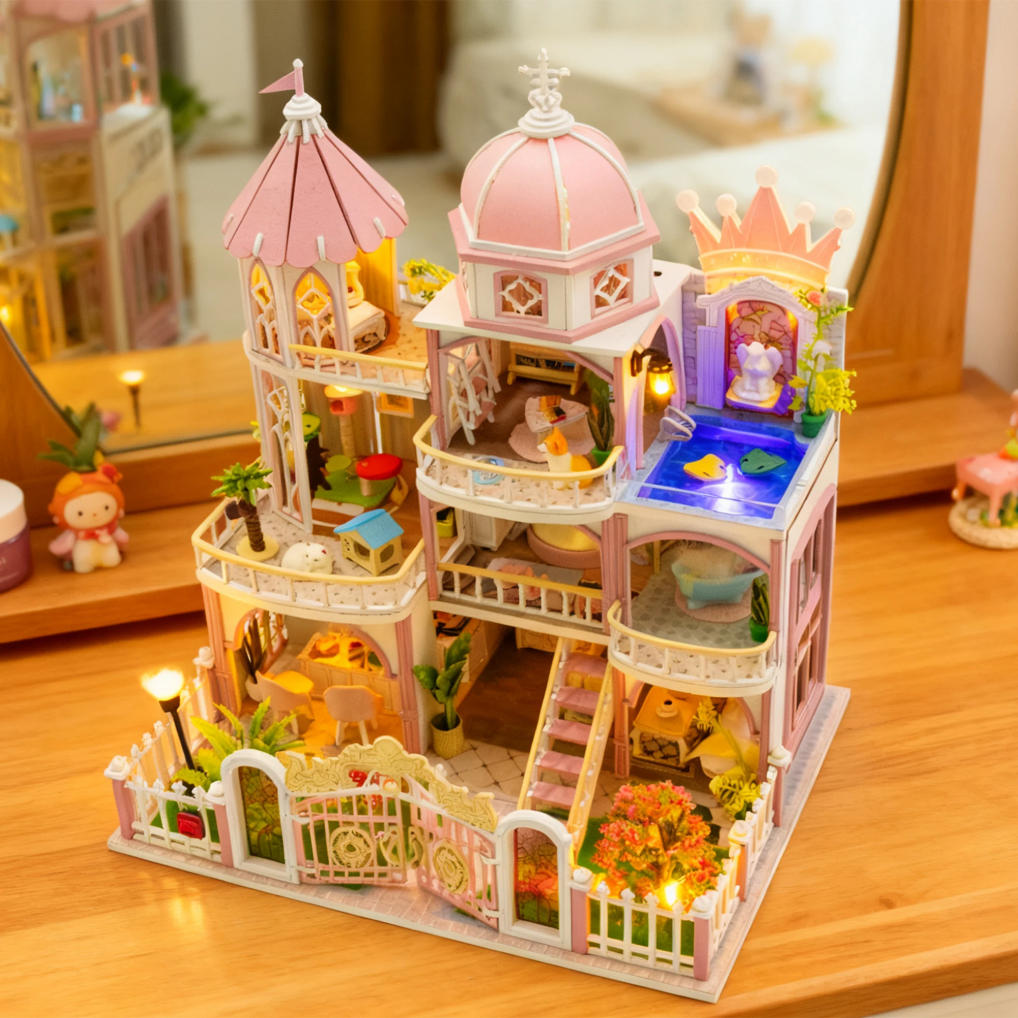 ชุดโมเดลไม้ DIY ใหม่ ปราสาทเจ้าหญิง วิลล่า ตัวต่อ 3 มิติ บ้านตุ๊กตา พร้อมเฟอร์นิเจอร์และไฟ สำหรับเป็นของขวัญวันเกิดให้เพื่อน