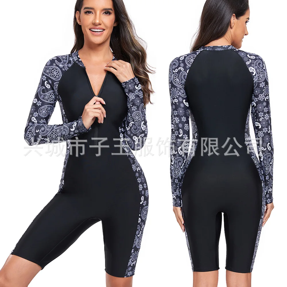 

One-piece Swimsuit Women's Sports Long-sleeved Printed Zipper Surf Suit Conservative Swimsuit