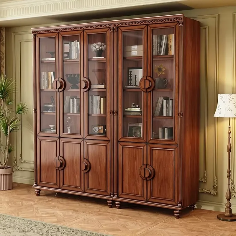 Style Solid Wood Bookcase Home Wall-Mounted Floor Standing Glass Cabinet Study Storage Cabinet Document Display Cabinet