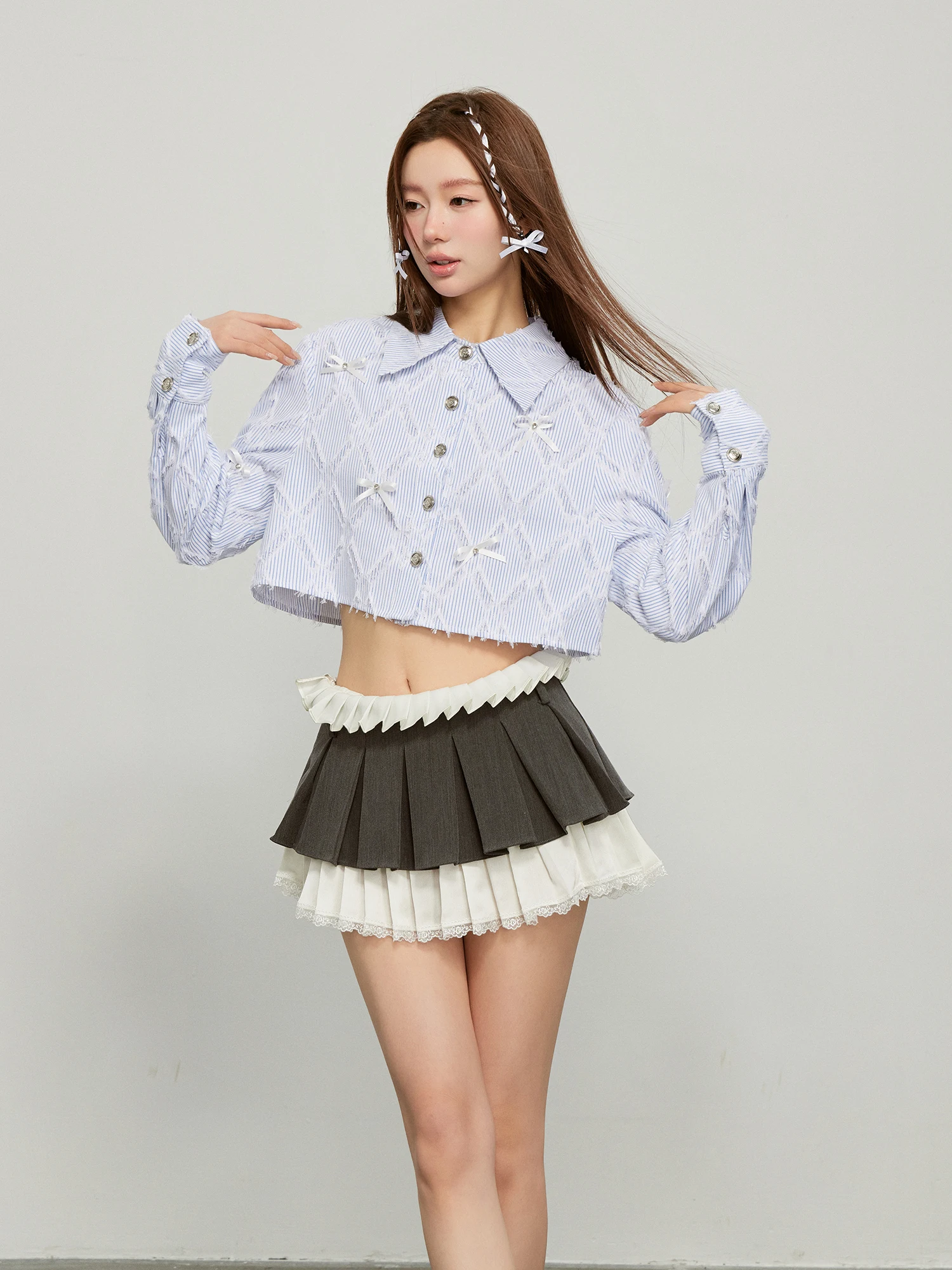 

Street Sle Sweet And Spicy Long Sve Striped irt Женский дизайн, обнажающий живот, топ из смеси хлопка с воротником