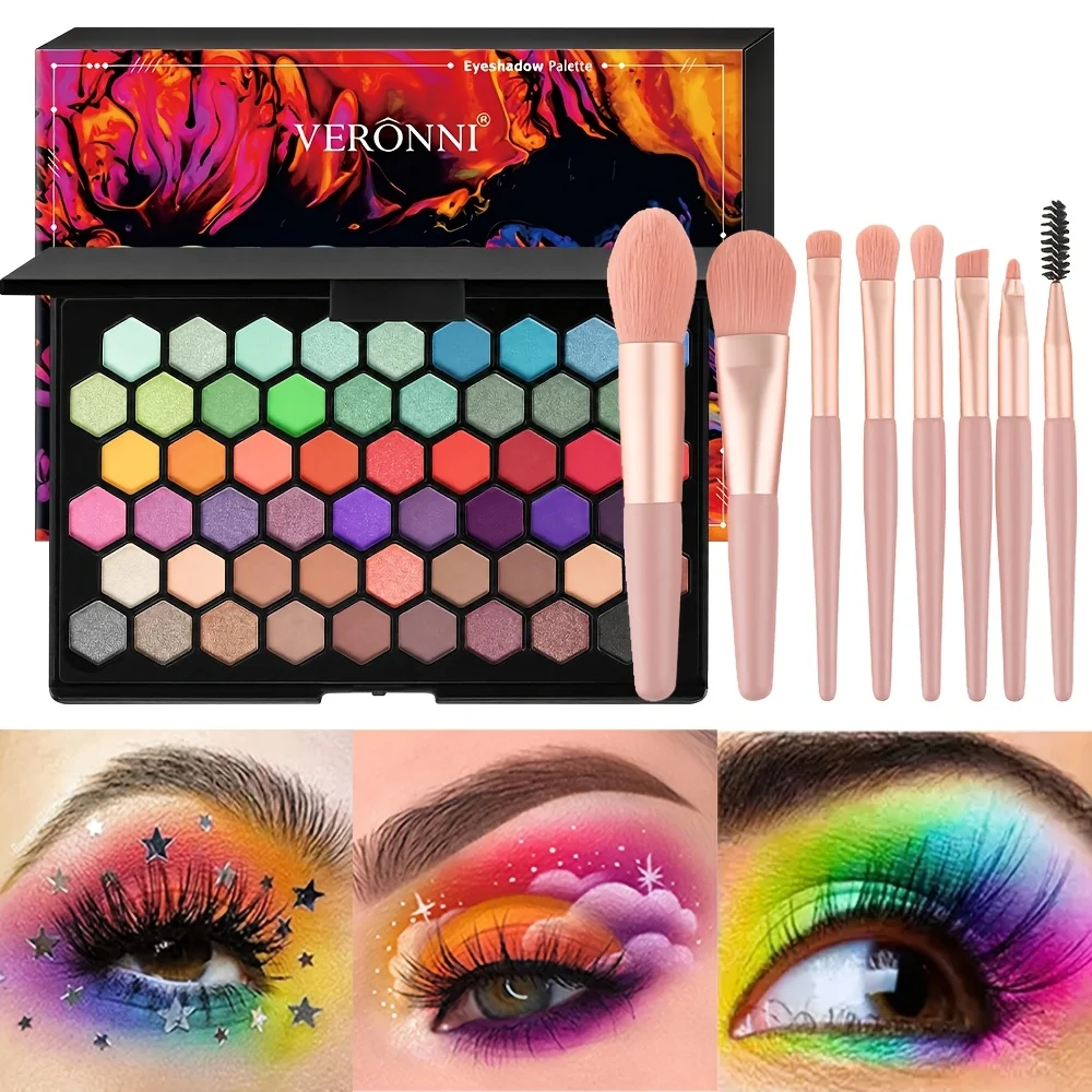 54‑Colors  Eyeshadow Palette With 8pcs Makeup Brushes Set, Matte Shimmer High‑Pigment Colorful Eye Shadow Kit for Daily Party