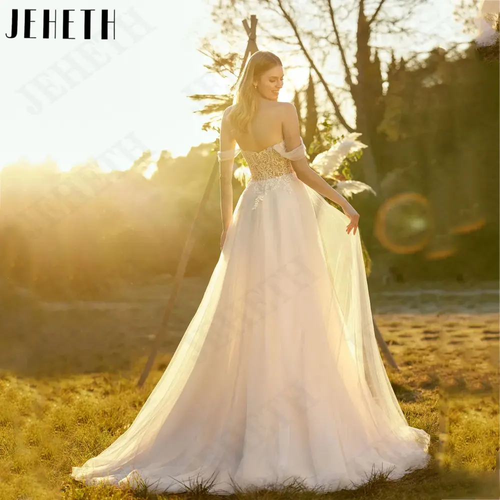 JEHETH Off Shoulder Appliques A-Line Bride Dresses Short Sleeves Backless Wedding Gown Sweetheart Neck Tulle vestidos para mujer