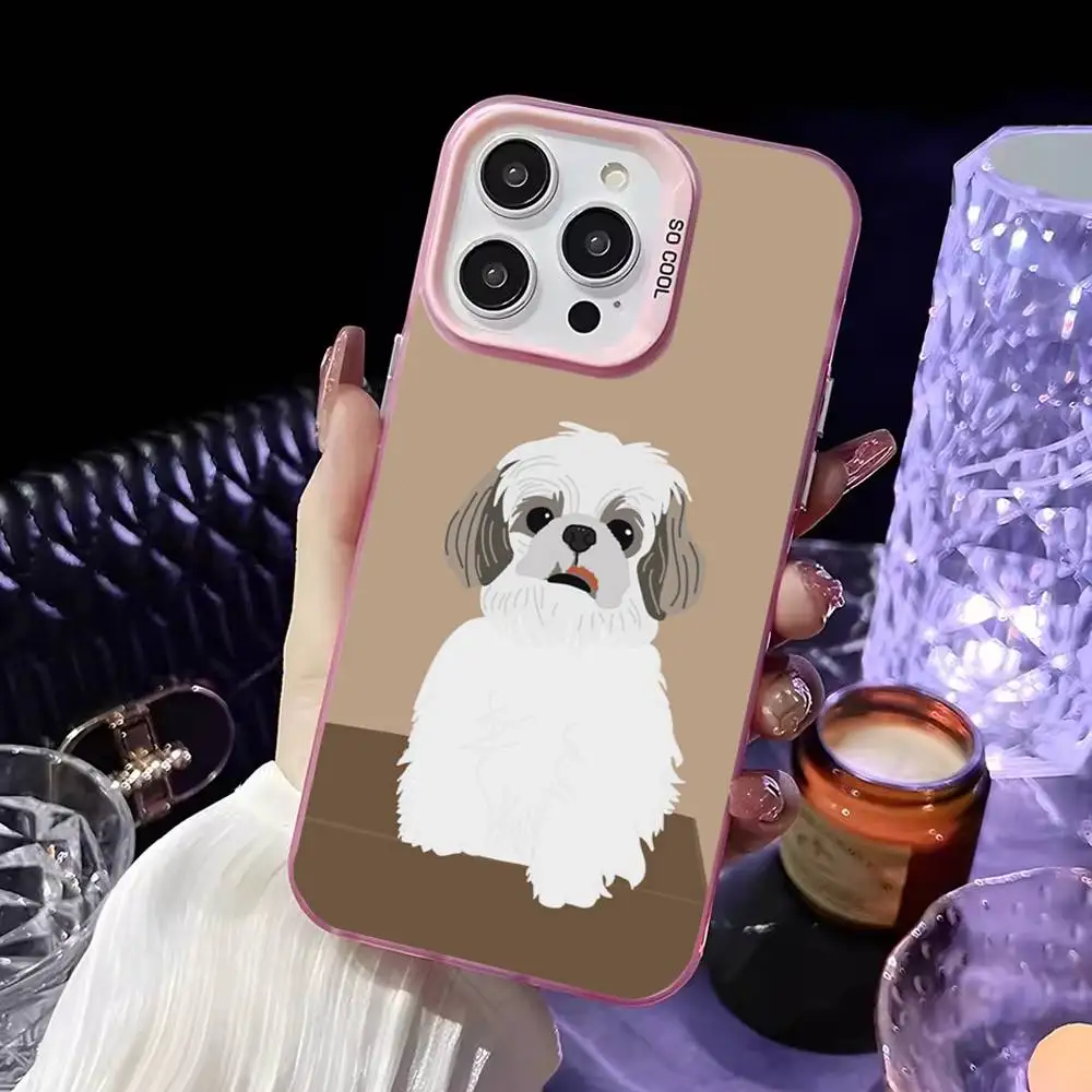 Cartoon schattige Shih Tzu hond telefoonhoesje voor iPhone 17,16,15,14,13,12,11 Plus, Pro Max roze matte schokbestendige hoes