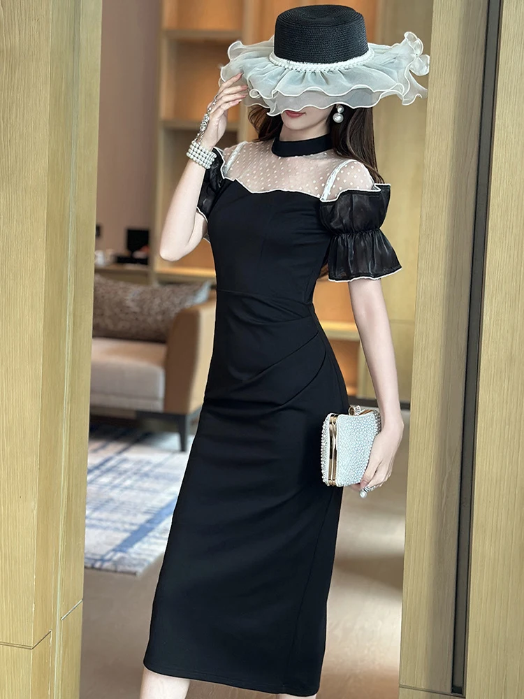 Women's Exquisite Sweet White Dresses Female Chic White Sheer Mesh Splice Black Vintage Midi Robe Evening Party Vestidos Mujer