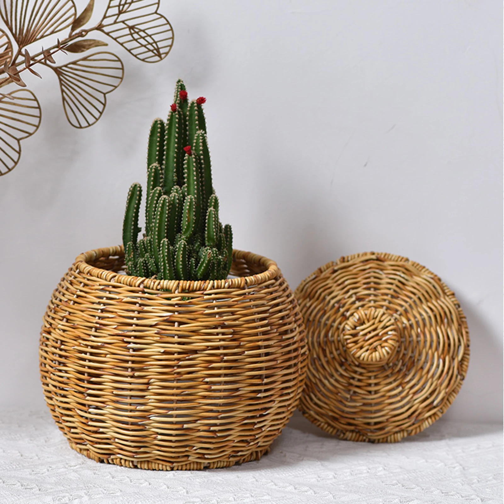 Hand Woven Storage Basket Simulated Rattan Organizer Basket With Lid For Plant Jewelry Hairpin Cosmetic Home Storage Supplies