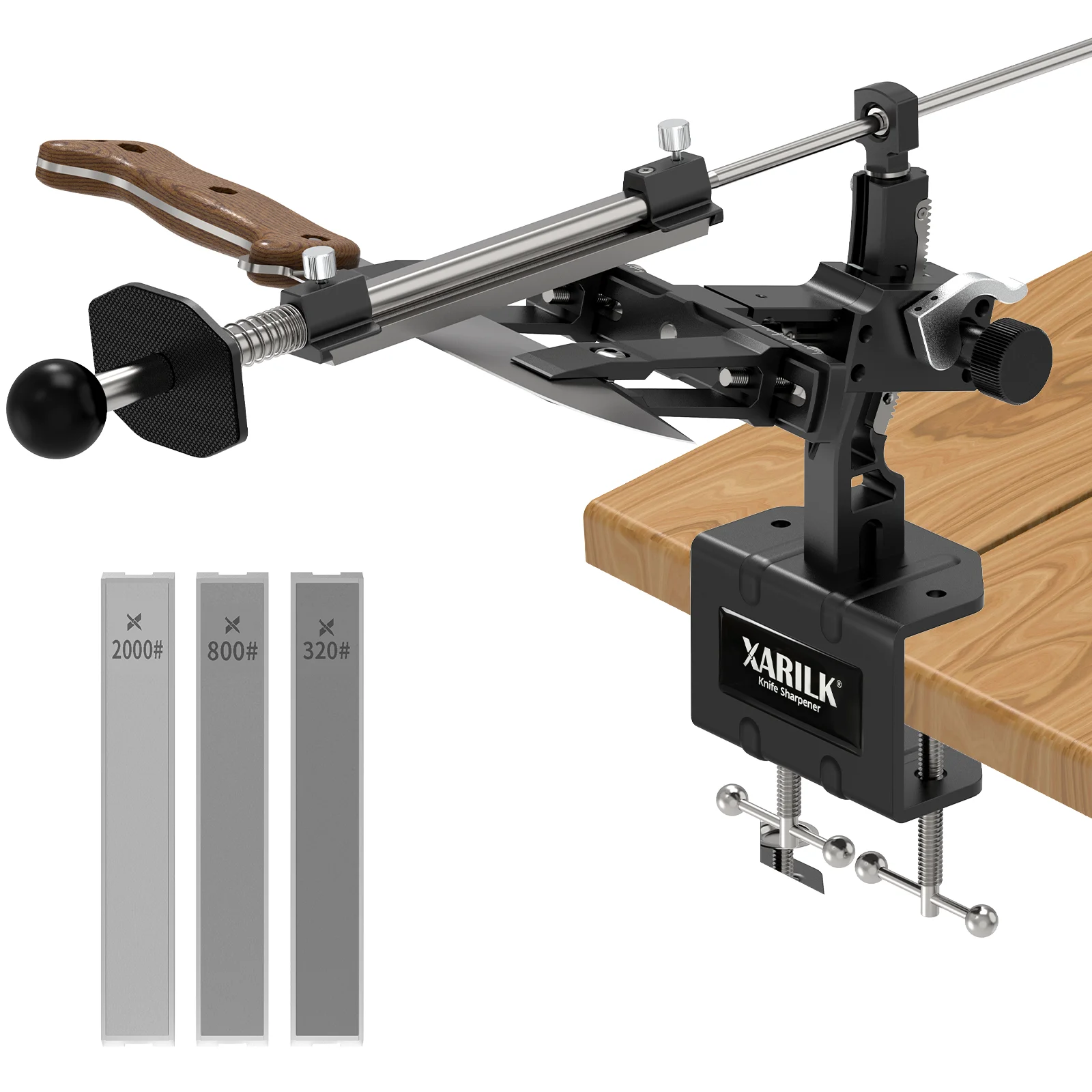 XARILK GEN3 Professional Knife Sharpener System with Vise Clamp Fixed-Angle Sharpening Stone Kit (320#, 800#, 2000#) for Kitchen
